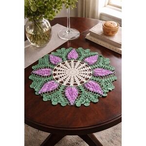 Doily Crocheted Grape Clusters Handmade 17"Cottagecore Farmhouse Green Prpl VTG